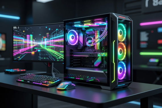 Futuristinen pelaamisen tietokonekokoonpano ja RGB-valaistus